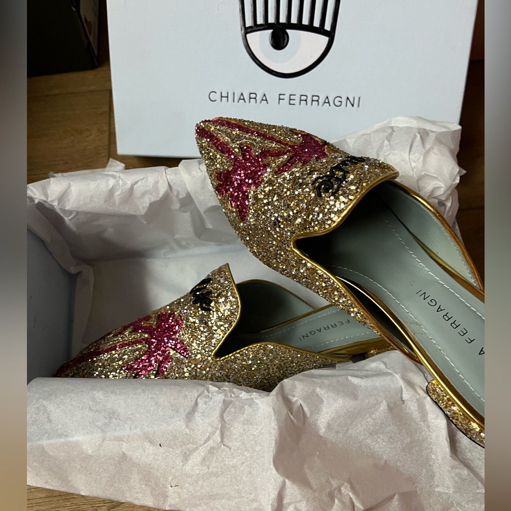 Chiara Ferragni Gold And Pink Glitter Loafers 38